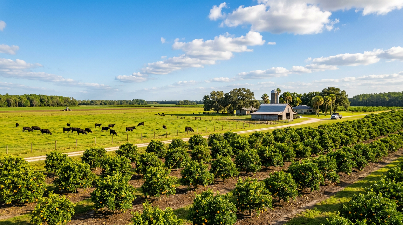 Sunny Florida farmland with green fields under a bright blue sky